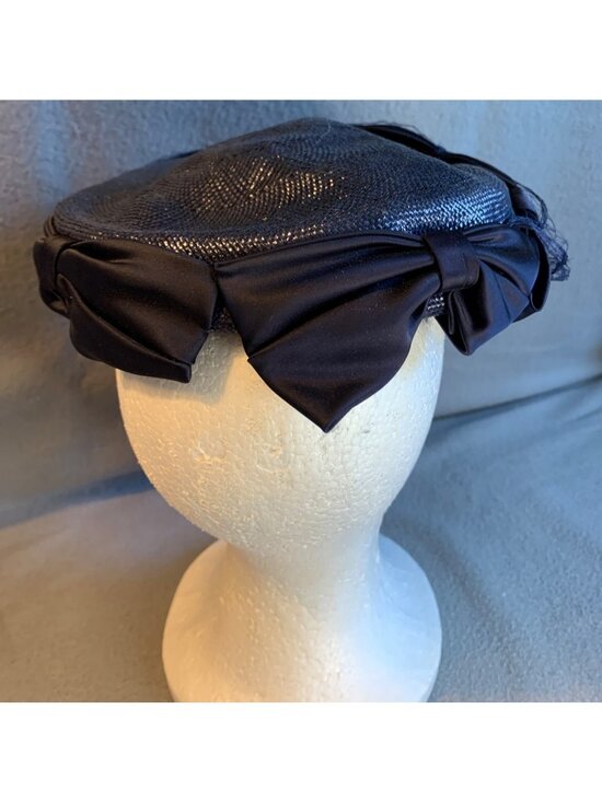 Vintage Phyllis Navy Bow Veil Hat Womens Size 22 Classic 1950s Netting & Shine E main image 4